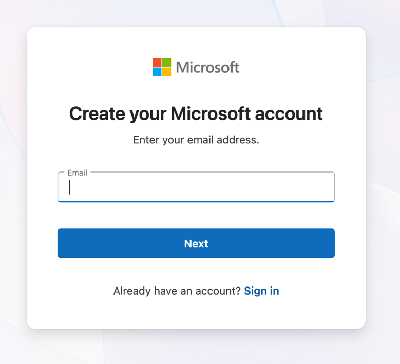 Azure account email creation step