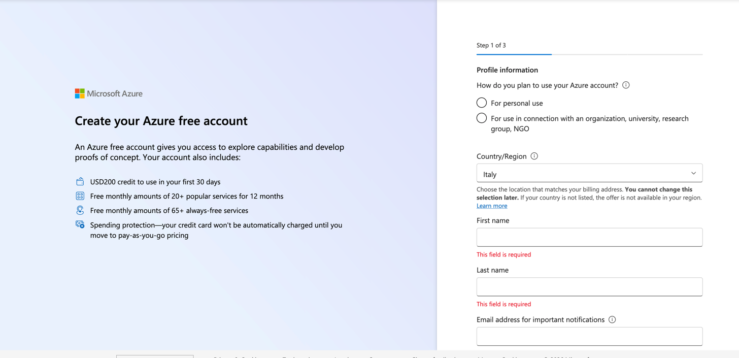 Azure account signup details