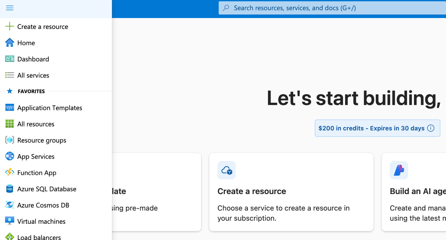 Azure portal create resource menu