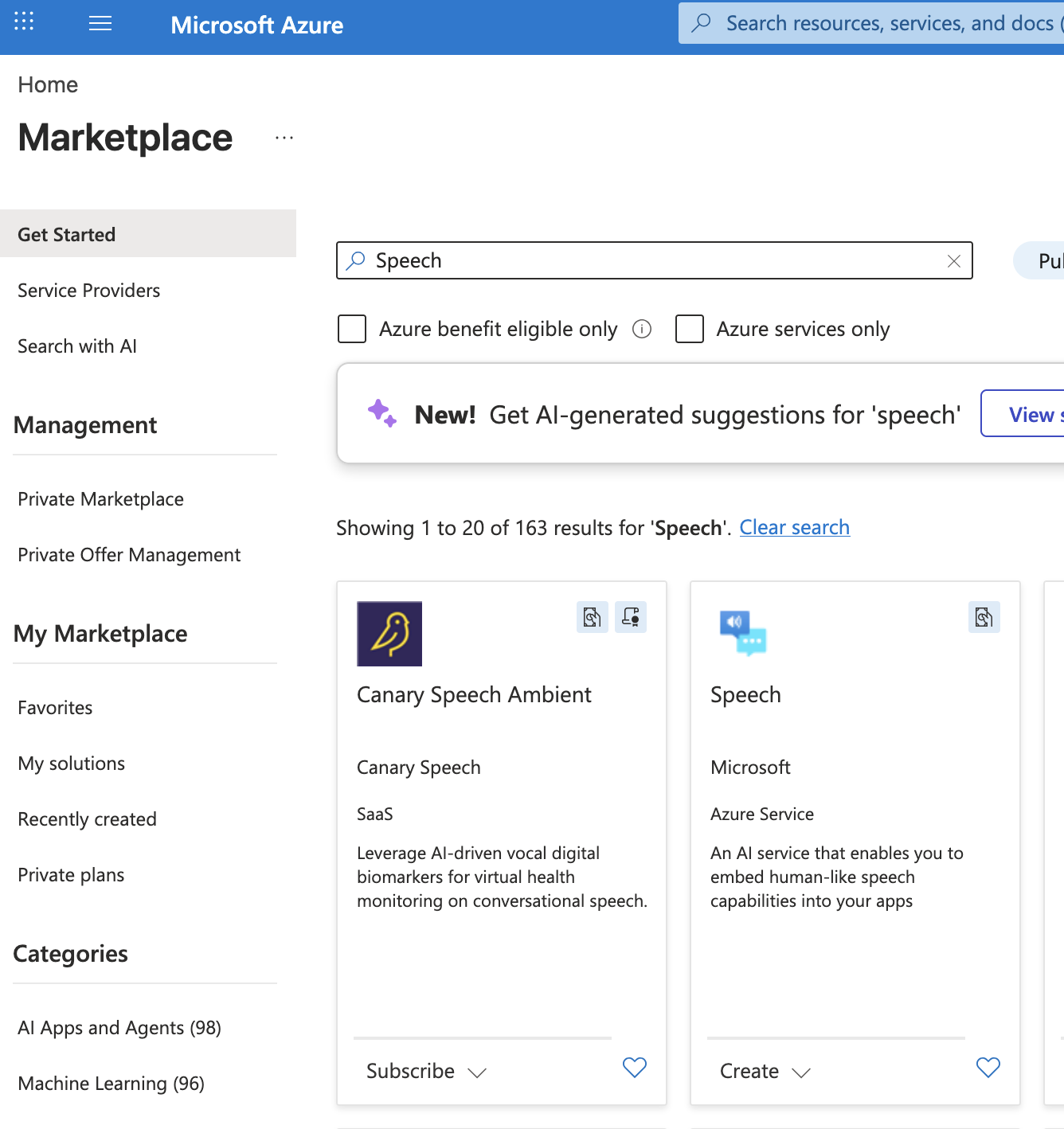 Azure search for Speech resource